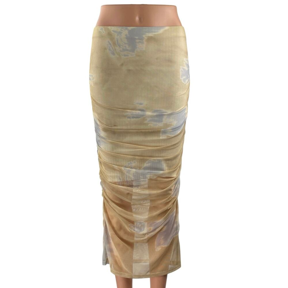 Zara Beige Khaki Tie Dye Tulle Ruched Draped Cinched Pencil Midi Skirt Size S